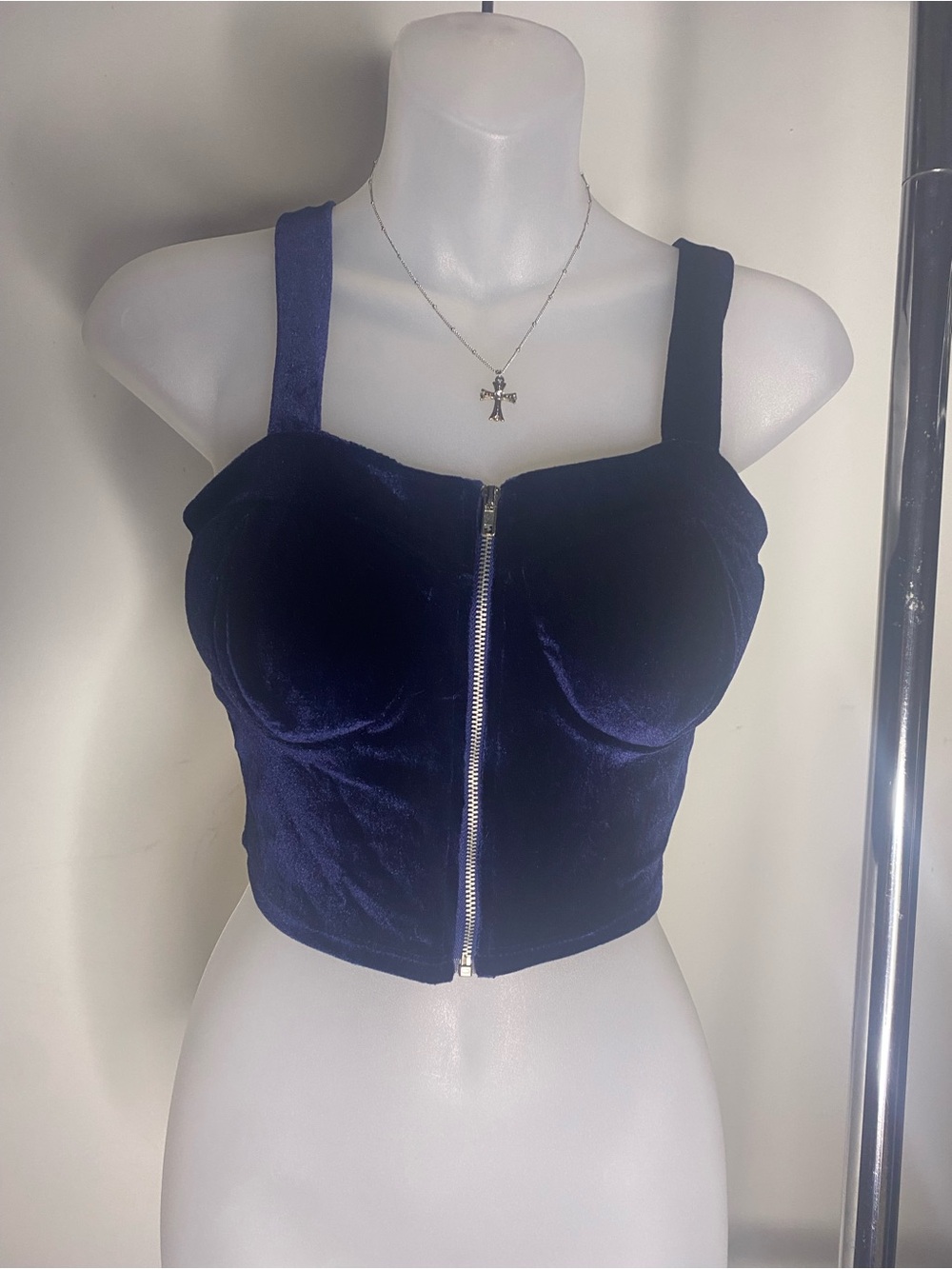 Made in USA Shelly Velvet Navy Blue Zip-Front Bustier Crop Top